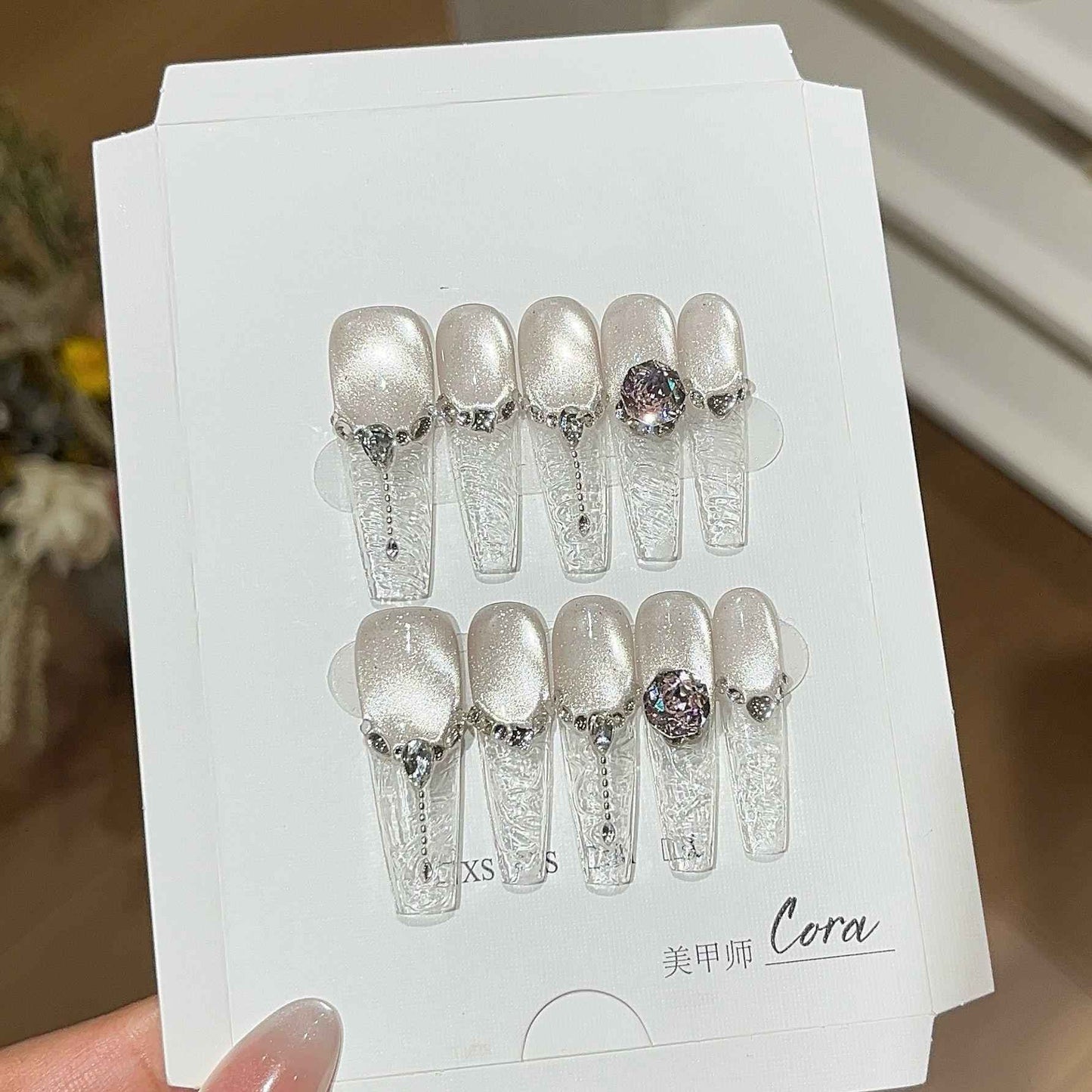 3D Crystal Elegant Press On Nails - Long Stiletto Luxury Fake Nails with Glue Kit #1014