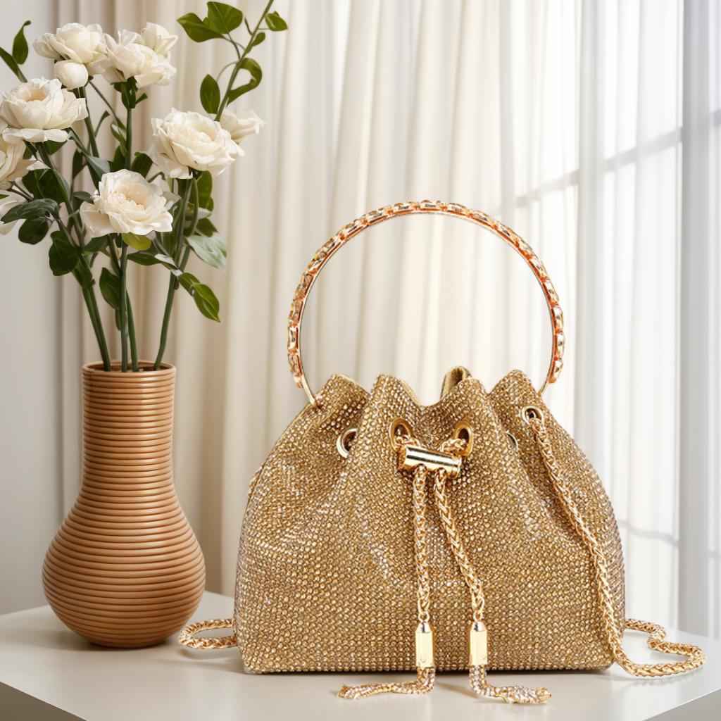 Glamorous Rhinestone Evening Bag - Gold & Silver Drawstring Clutch with Crossbody Chain for Wedding Prom Parties