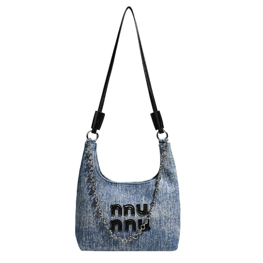 Simple Retro Small Crossbody Denim Slouch Bag - Versatile Denim Hobo Purse with Chain Strap -dropshippingabc.com