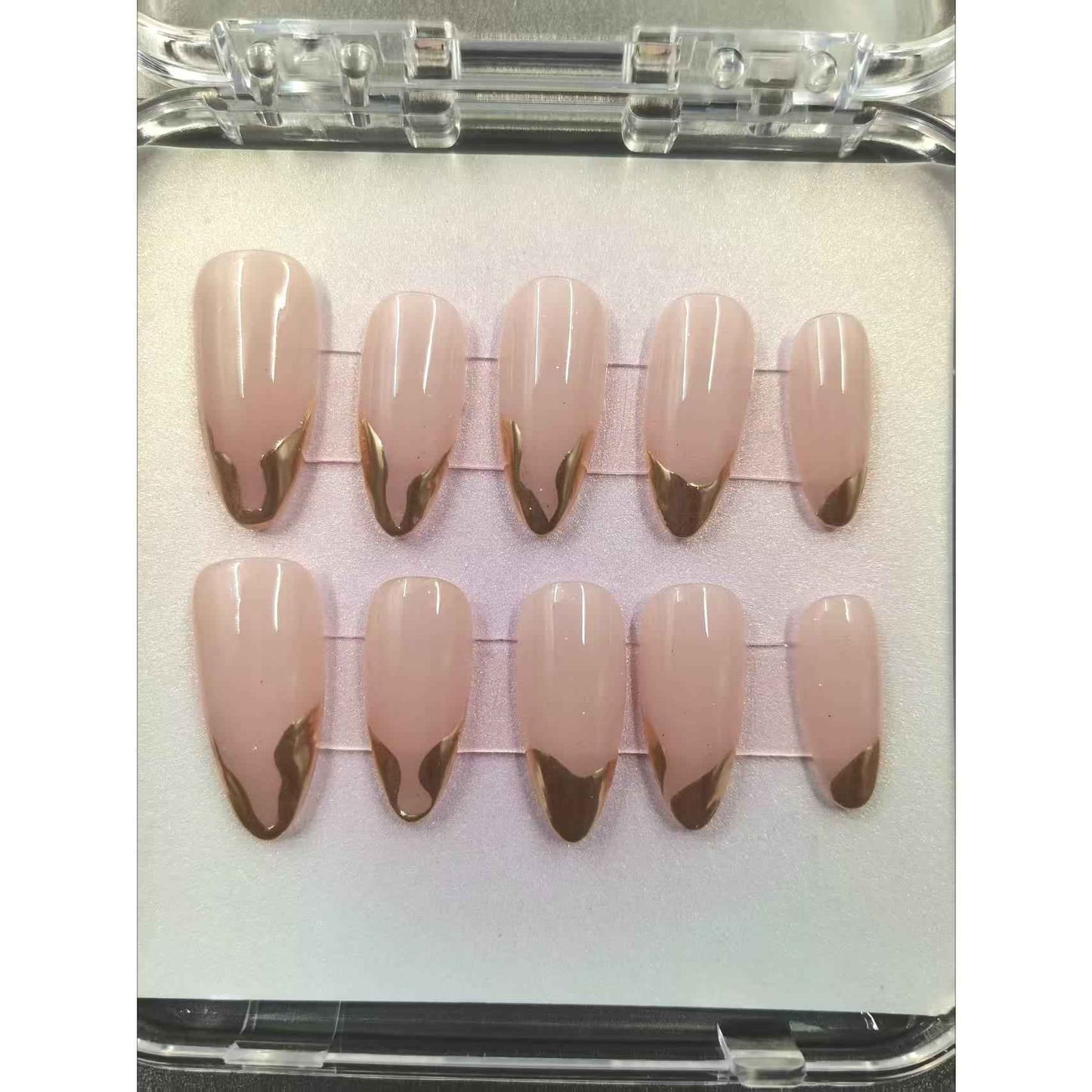Gold French Tip Press On Nails - Elegant Nude Cream Base Fake Nails with Glue Kit | Handmade & Removable #1056