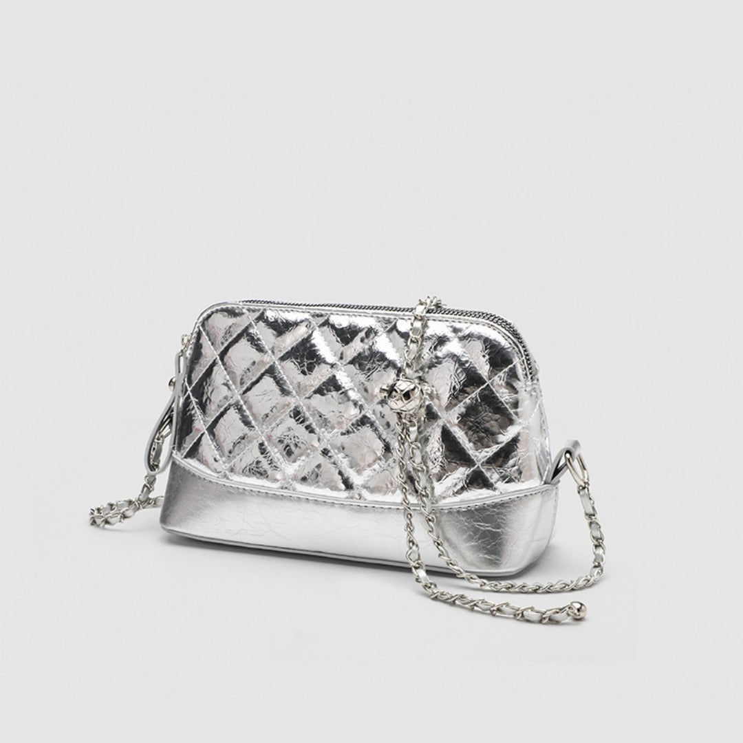 Small Casual Crossbody Bag with Long Chain Strap - Silver Metallic Checkered Shoulder Bag for Women -dropshippingabc.com
