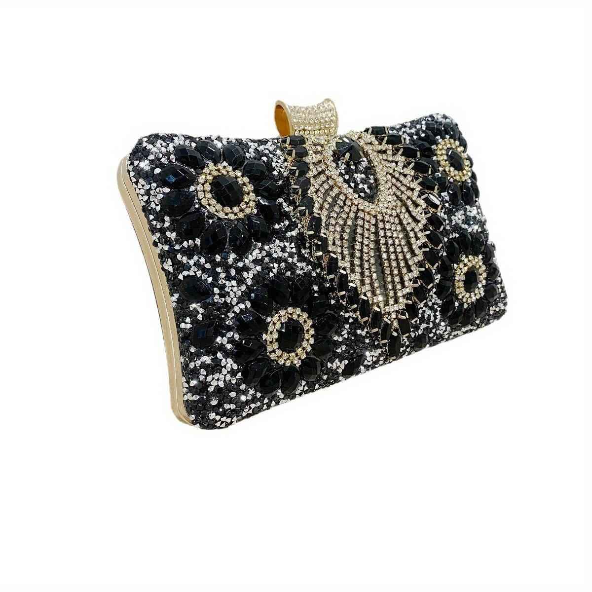 Handmade Rhinestone Evening Bag - Metal Top Handle Bar with Detachable Crossbody Chain for Party Prom Wedding