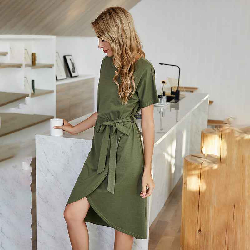 Women's Solid Bandage Irregular Short-sleeved Round Neck Mid-length Dress