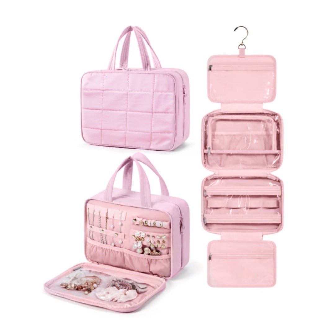 Travel Toilet Bag with Jewelry Storage - Hanging Toilet Bag & Fluffy Cosmetic Bag with Compartments -dropshippingabc.com