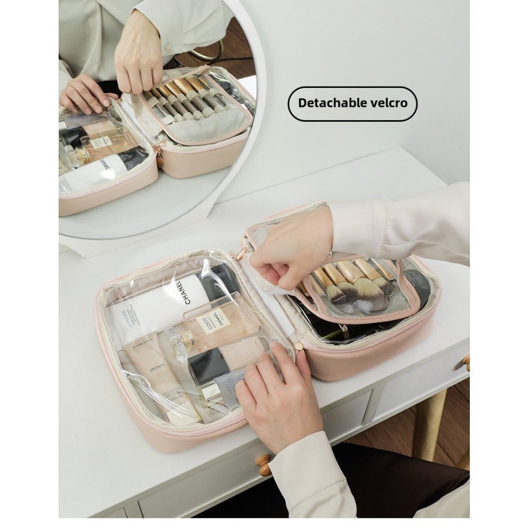 PU Square Makeup Bag - Large Capacity Portable Cosmetic Organizer with Compartments for Travel -dropshippingabc.com