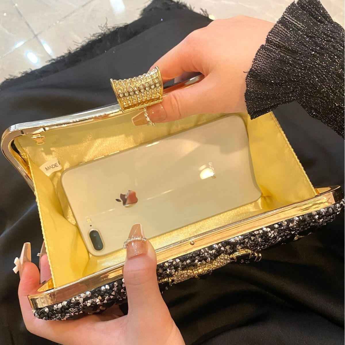 Handmade Rhinestone Evening Bag - Metal Top Handle Bar with Detachable Crossbody Chain for Party Prom Wedding