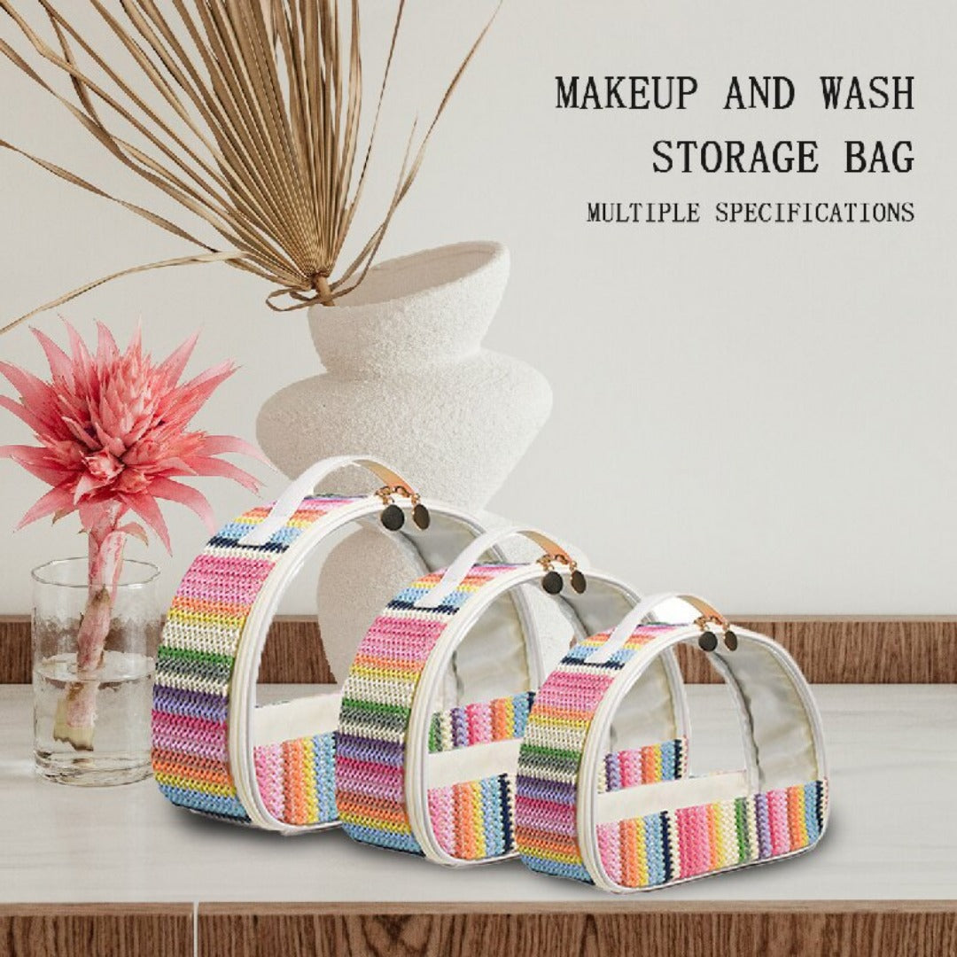 Semicircular Straw & PVC Cosmetic Bag - Waterproof Woven Travel Toiletry Organizer -dropshippingabc.com