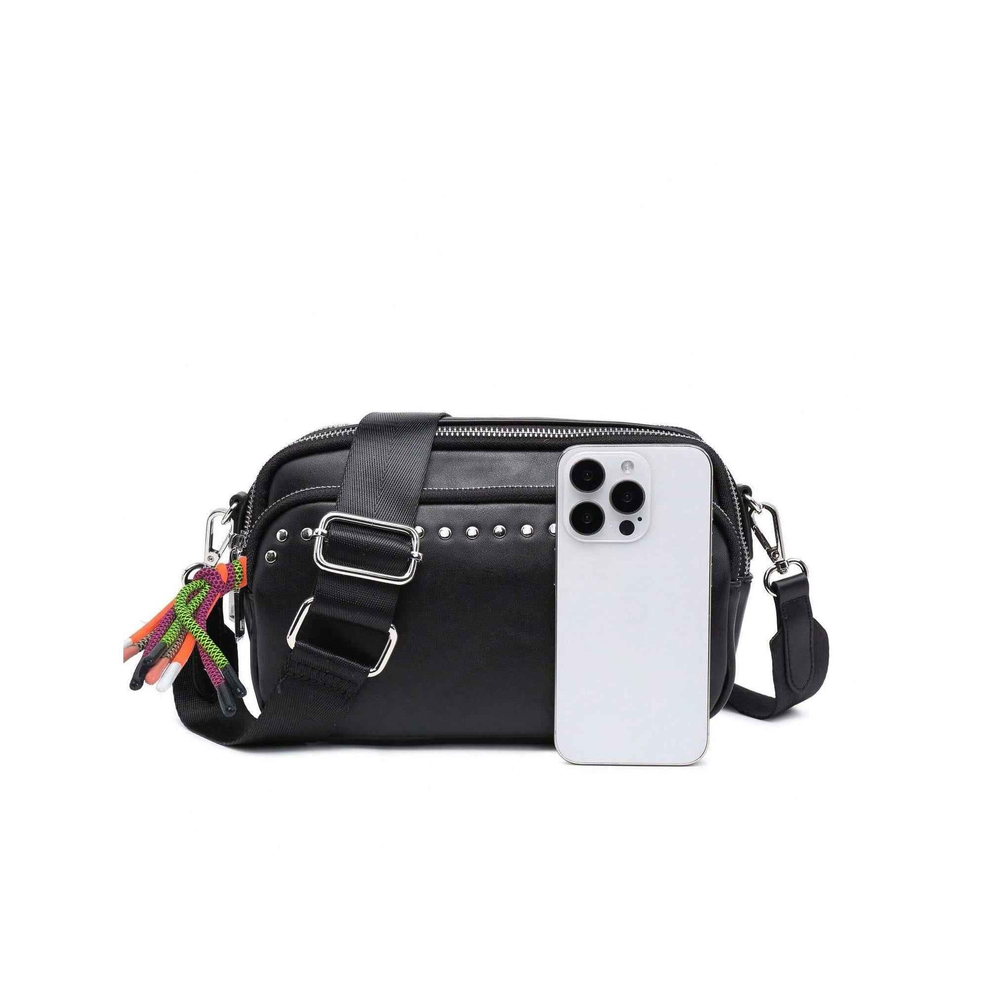 Women's Small Crossbody Bag - Beige & Black Square Purse with Multiple Pockets, Trendy Tassel & Wide Comfortable Nylon Guitar Strap