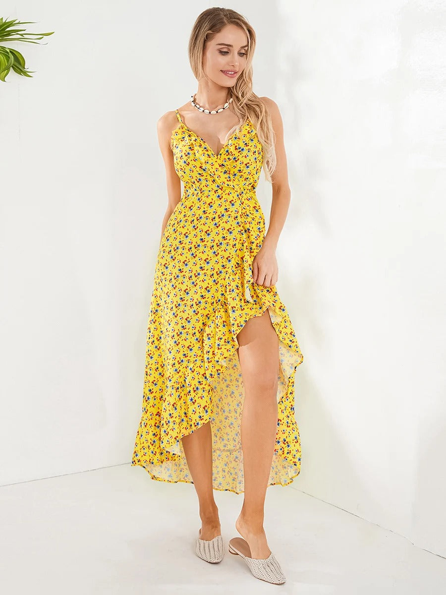 Sexy Floral Print Suspender Skirt Dress - Women's V-Neck Ruffled Reformation Style Holiday Party Dress -dropshippingabc.com