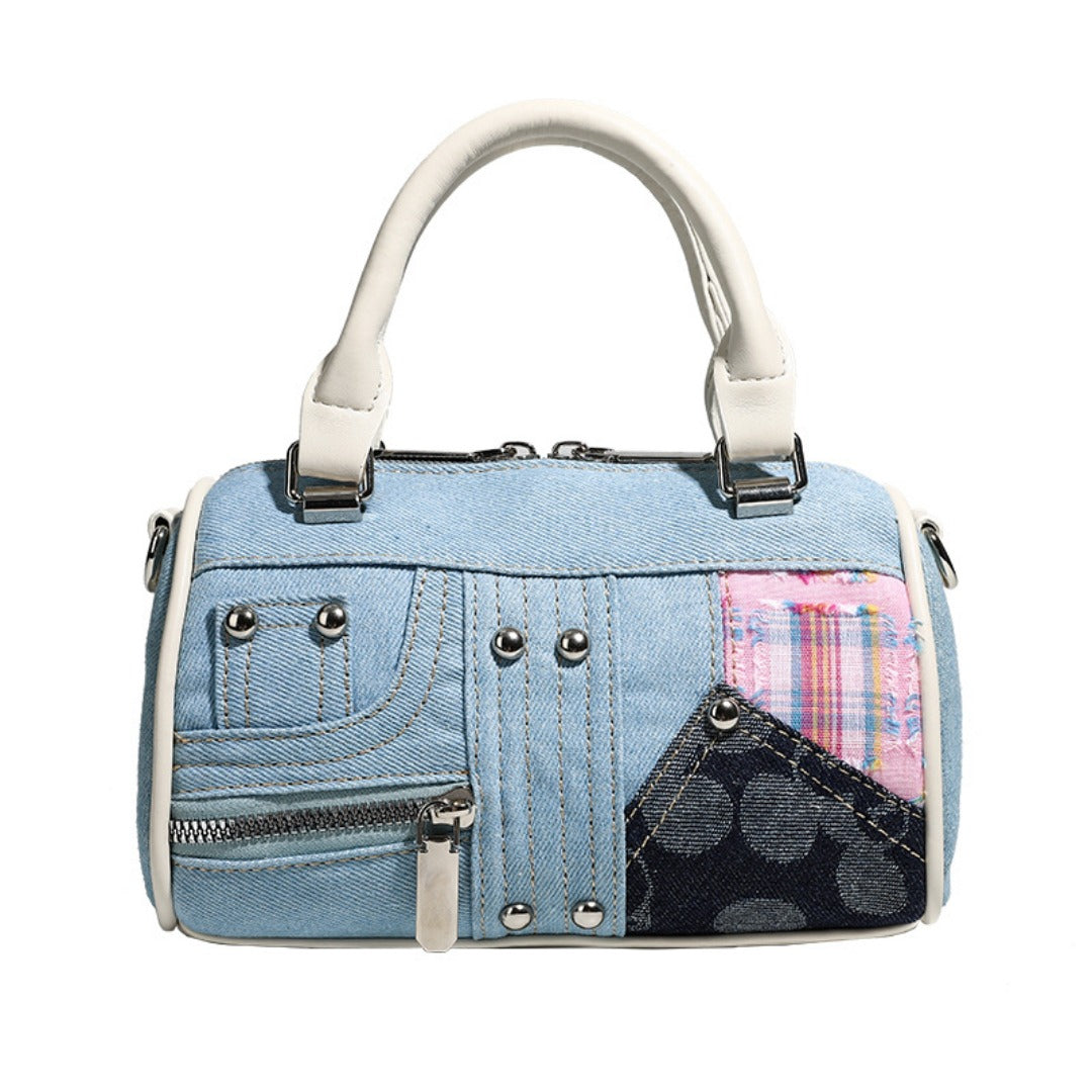 Denim Patchwork Boston Tote Bag for Women - Small Tote Purse with Detachable Crossbody Strap, Versatile Fashion Handbag for Girls -dropshippingabc.com
