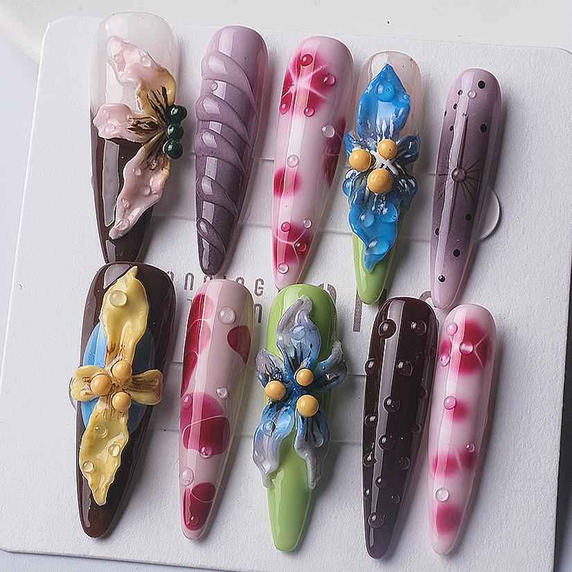 5D Water Ripple Press on Nails with Charms - Long Stiletto False Nails for Summer Daily Wear, Handmade DIY Manicure 1065