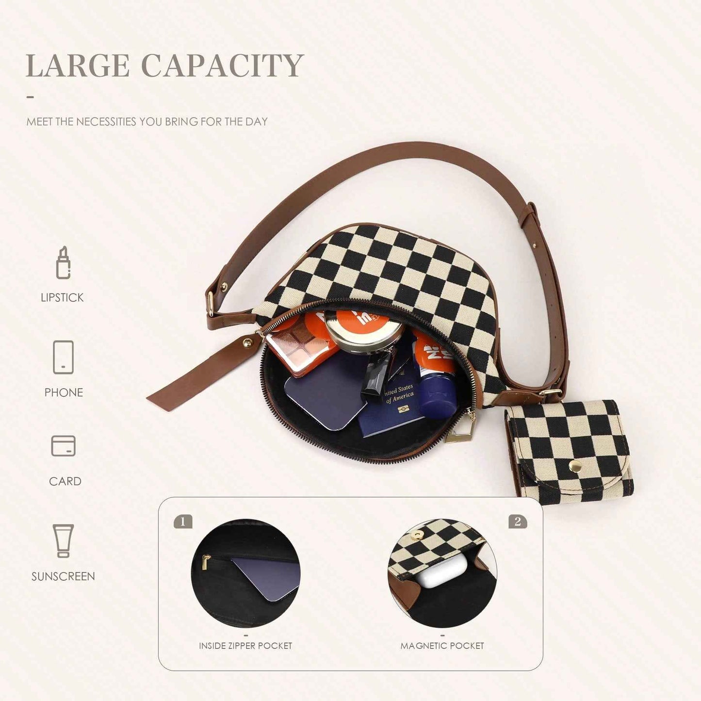 Checkerboard Chest Bag - Fashion Plaid Waist Bag & Messenger Fanny Pack for Everyday Use