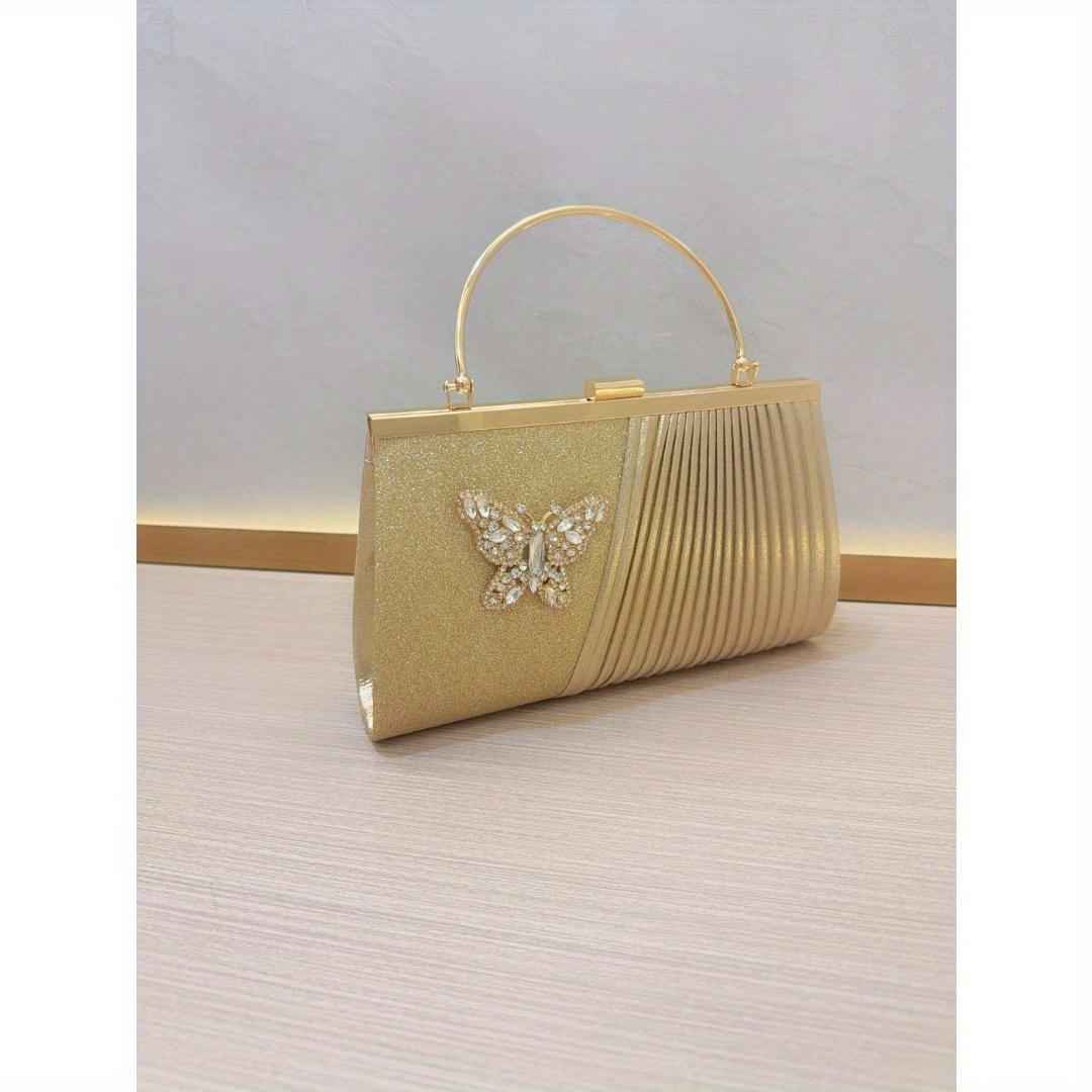 Pleated Evening Purse with Metal Top Handle - Detachable Crossbody Chain Clutch for Wedding & Banquet