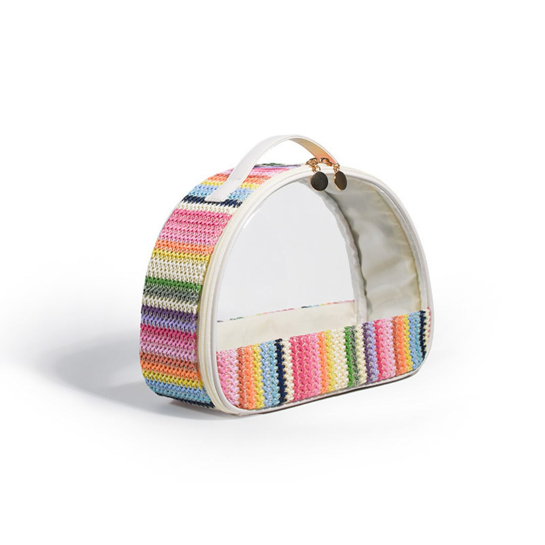 Semicircular Straw & PVC Cosmetic Bag - Waterproof Woven Travel Toiletry Organizer -dropshippingabc.com
