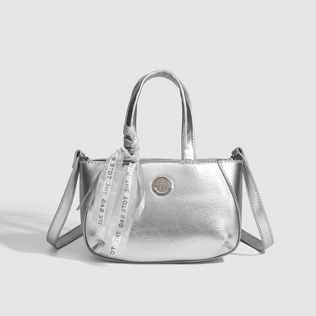 Metallic Small Tote Bag with Detachable Crossbody Strap - Fashionable Silver Square Handbag for Ladies -dropshippingabc.com