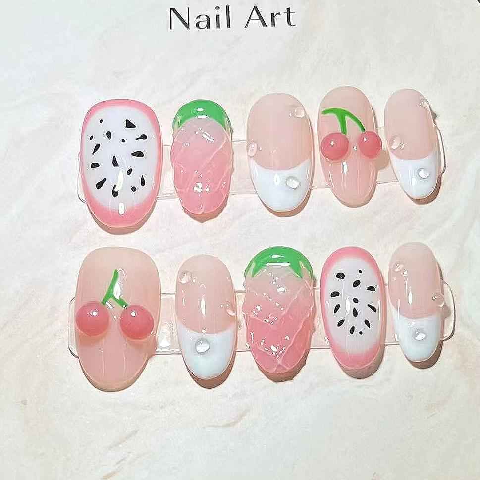 Acrylic 3D Floral Fruit Cute False Nails with Glue - Handmade short almond Press On Nails 1071