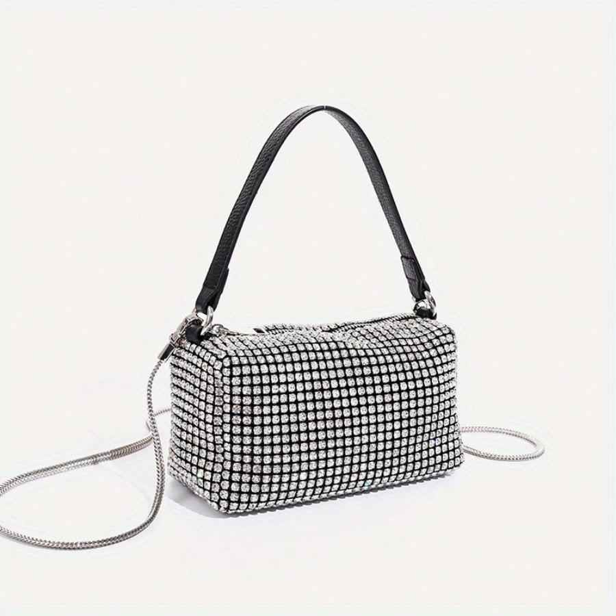 Fully Rhinestone Evening Bag - Rectangle Shape with Leather Handle & Detachable Crossbody Chain, Small Party Shoulder Purse
