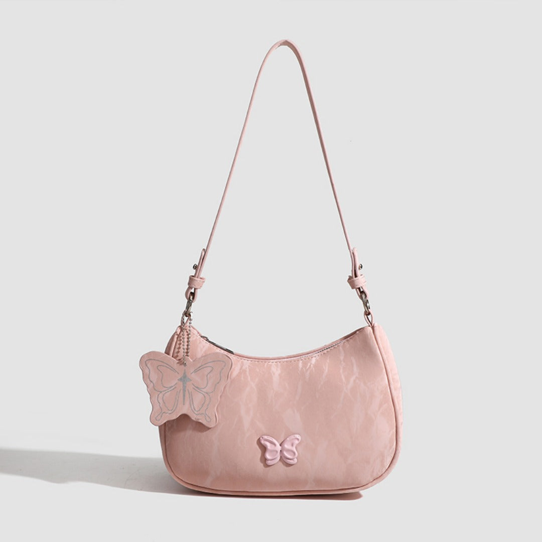 Small Hobo Bag with Bow Keychain - Women's Pink Ivory Beige Square Shoulder Crossbody Bag -dropshippingabc.com