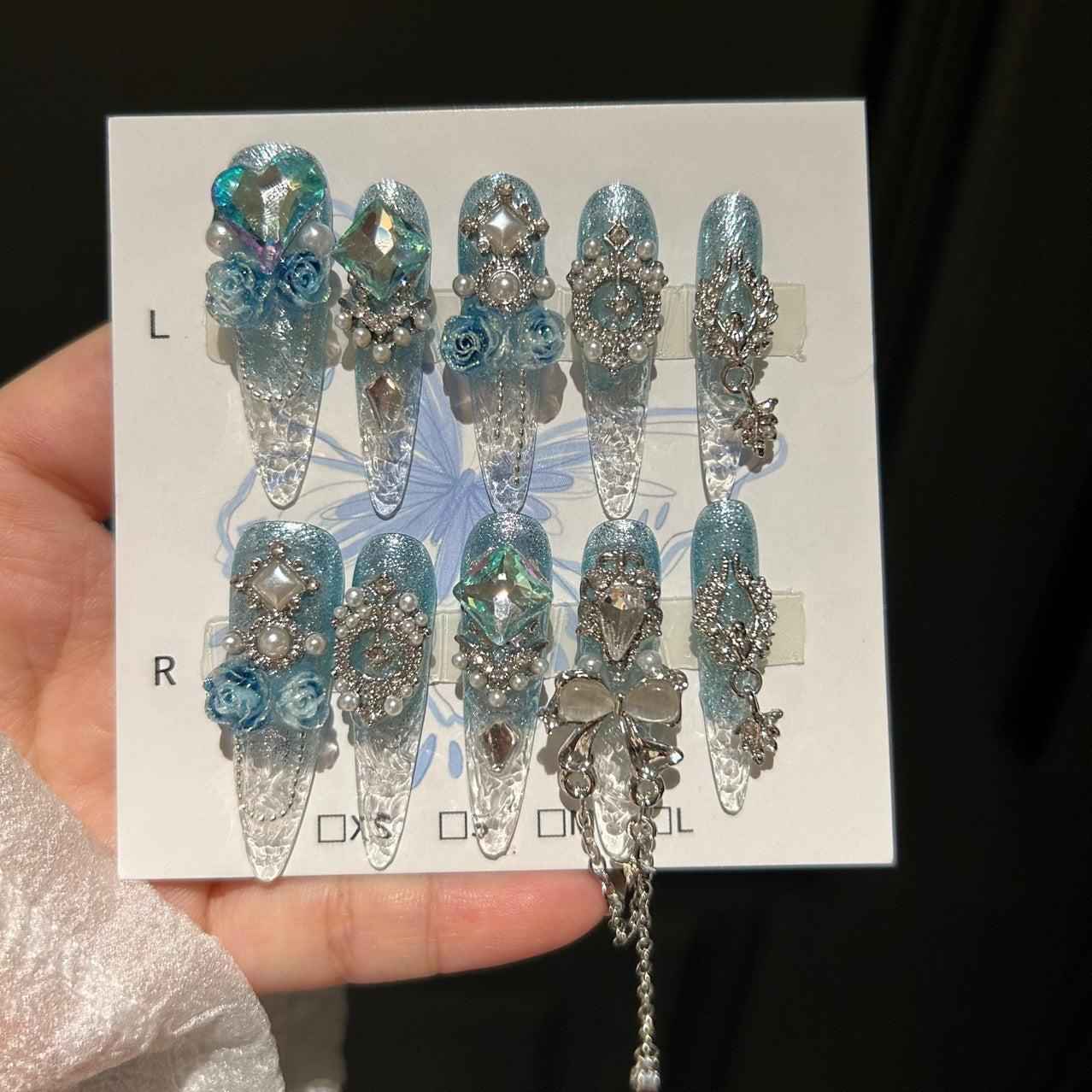 3D Butterfly & Crystal Press On Nails - Medium Stiletto Glitter Fake Nails with Glue Kit #1021