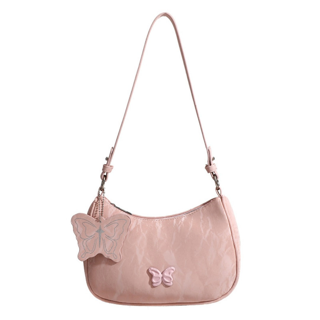 Small Hobo Bag with Bow Keychain - Women's Pink Ivory Beige Square Shoulder Crossbody Bag -dropshippingabc.com