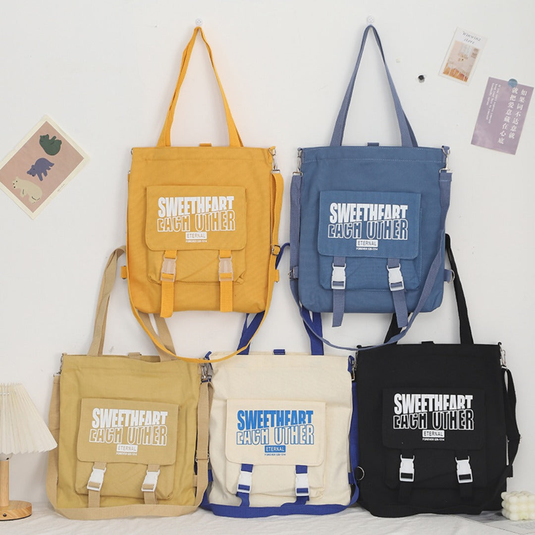 Letter Pattern Printed Canvas Bag - Student Shoulder Tote with Zipper, Shopping Canvas Bag -dropshippingabc.com