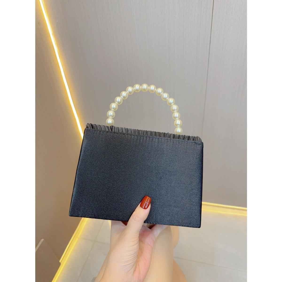 Women's Satin Pleated Evening Purse - Pearl Top Handle Flap Clutch, Unique French Banquet Bag for Party Prom