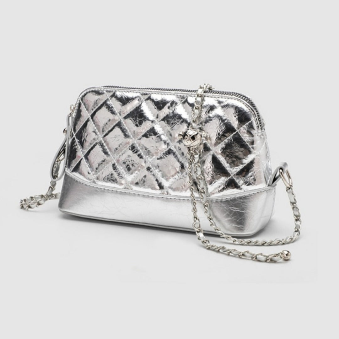 Small Casual Crossbody Bag with Long Chain Strap - Silver Metallic Checkered Shoulder Bag for Women -dropshippingabc.com