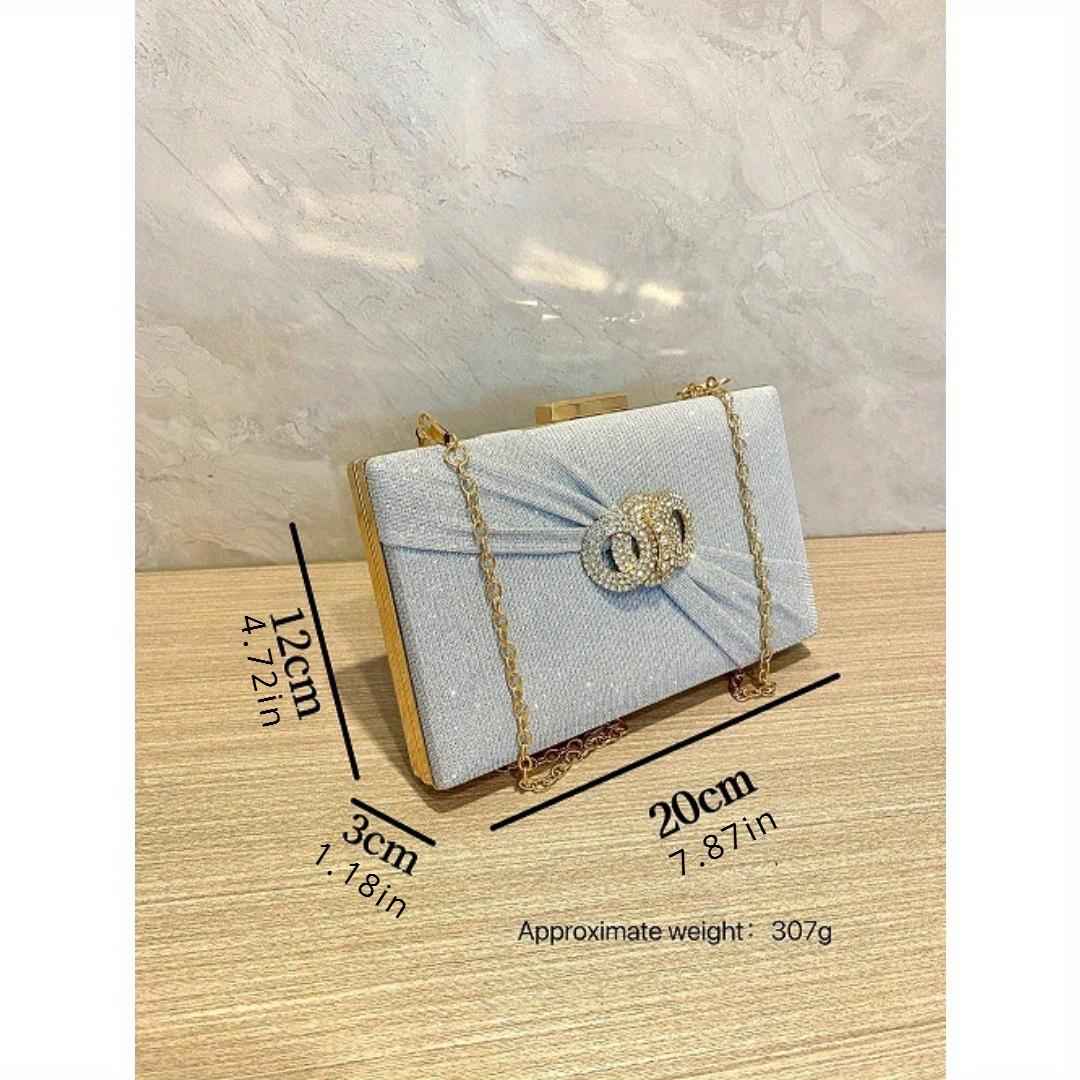 Long Rectangle Clutch Bag with Diamond Ribbon Button - Elegant Evening Purse for Wedding & Birthday Dinner