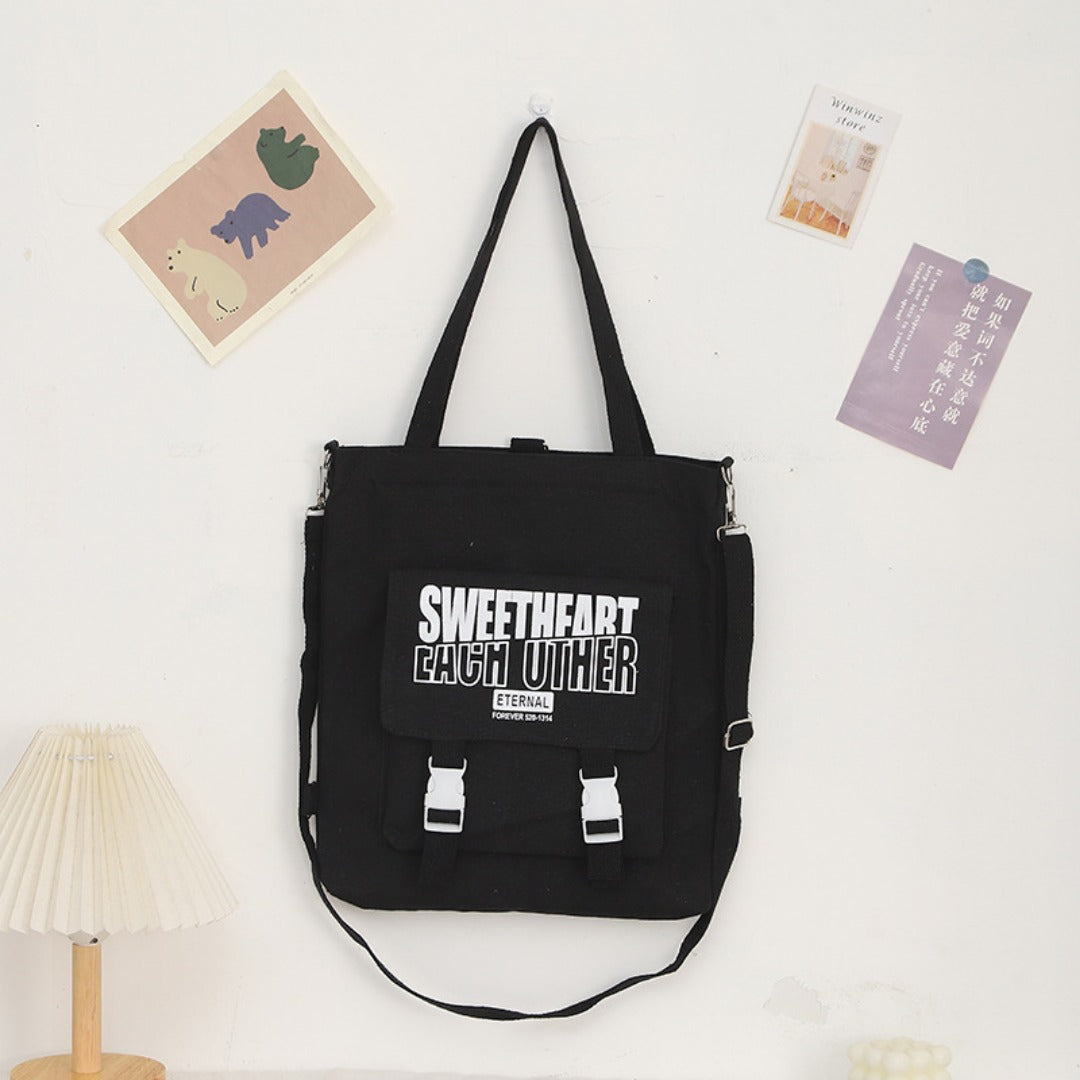 Letter Pattern Printed Canvas Bag - Student Shoulder Tote with Zipper, Shopping Canvas Bag -dropshippingabc.com