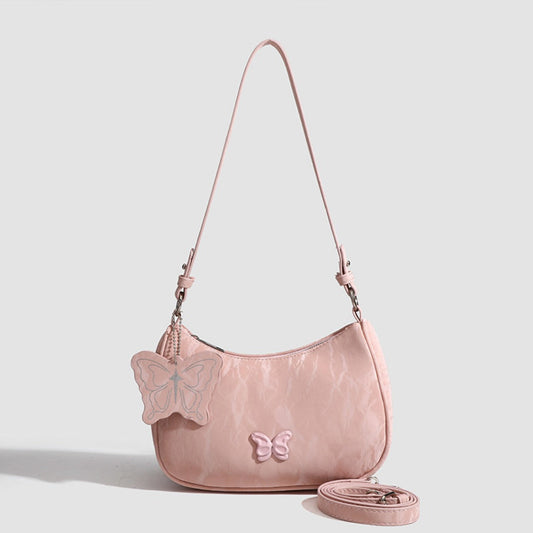 Small Hobo Bag with Bow Keychain - Women's Pink Ivory Beige Square Shoulder Crossbody Bag -dropshippingabc.com