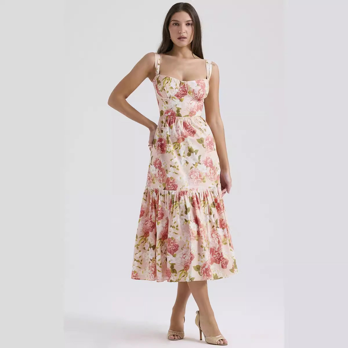 Sweet and spicy wind suspender solid color A pendulum floral dress women -dropshippingabc.com