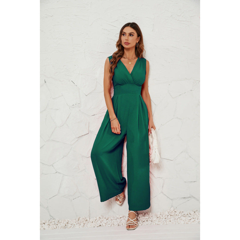Sleeveless Jumpsuit High Waist Slim Straight Leg Wide -dropshippingabc.com