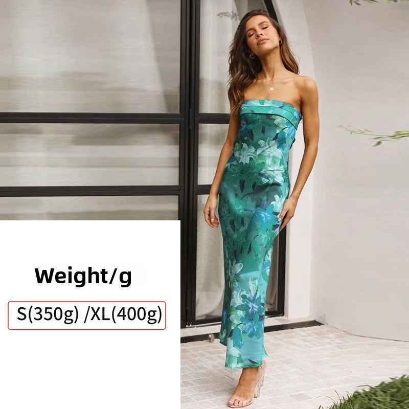 Satin Halter Backless Slit Midi Dress - Print High Neck Elastic Waist Wedding Guest Dress