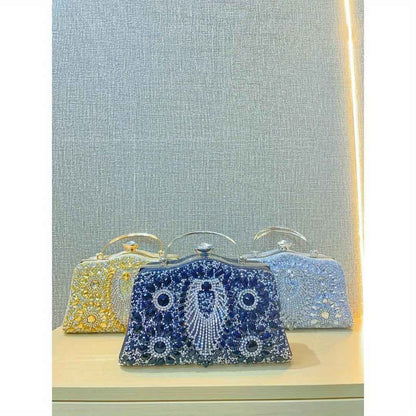 Nightout Bag with Diamond Inlaid Metal Handle - Large Evening Clutch Purse for Ladies Banquet, Single Shoulder & Crossbody Carry