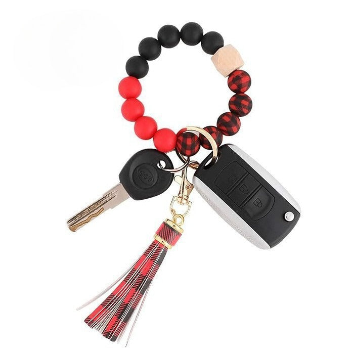 PU Tassel Keychain Women's Bag charm Silicone Beaded Keychain Wristlet Key Ring Bracelet Cute Car Key Chain Holder for Women Girls