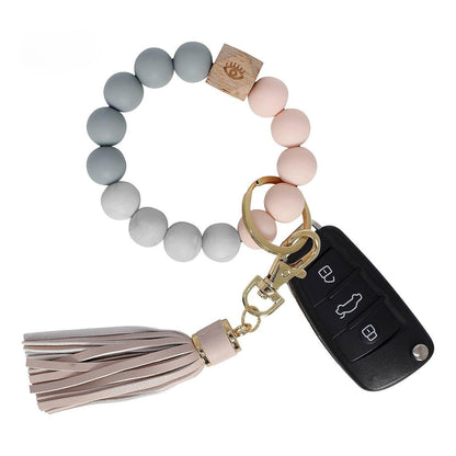 PU Tassel Keychain Bag charm Silicone Beaded Keychain Wristlet Key Ring Bracelet Cute Car Key Chain Holder for Women Girls