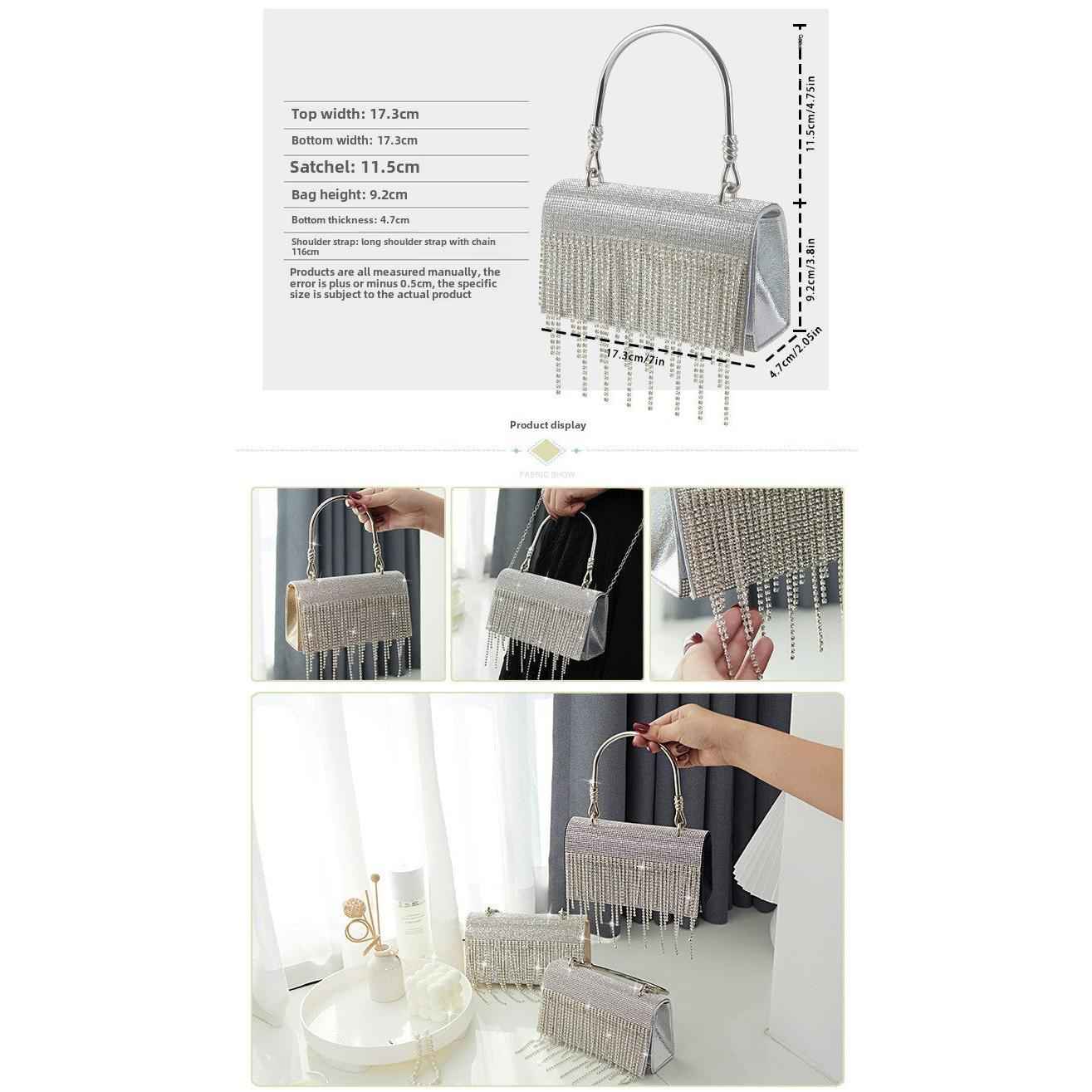 Rectangle Evening Clutch Purse with Glittering Rhinestone Tassel - Small Square Bag with Metal Handle & Detachable Chain