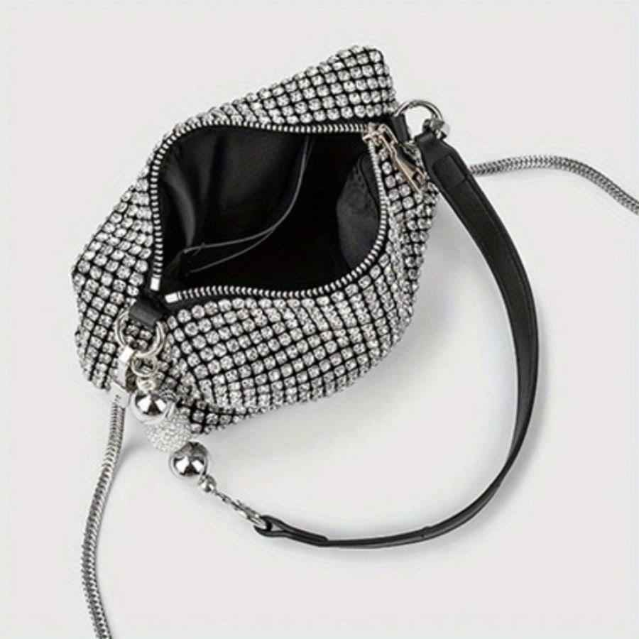 Fully Rhinestone Evening Bag - Rectangle Shape with Leather Handle & Detachable Crossbody Chain, Small Party Shoulder Purse