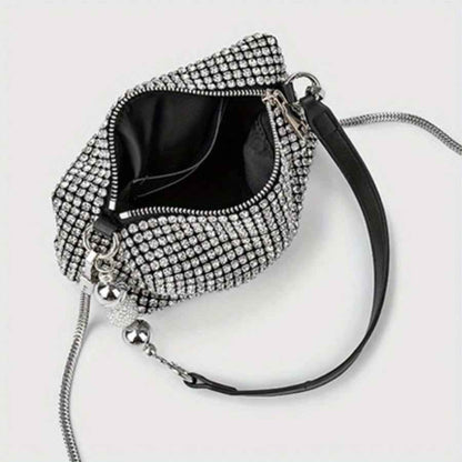 Fully Rhinestone Evening Bag - Rectangle Shape with Leather Handle & Detachable Crossbody Chain, Small Party Shoulder Purse