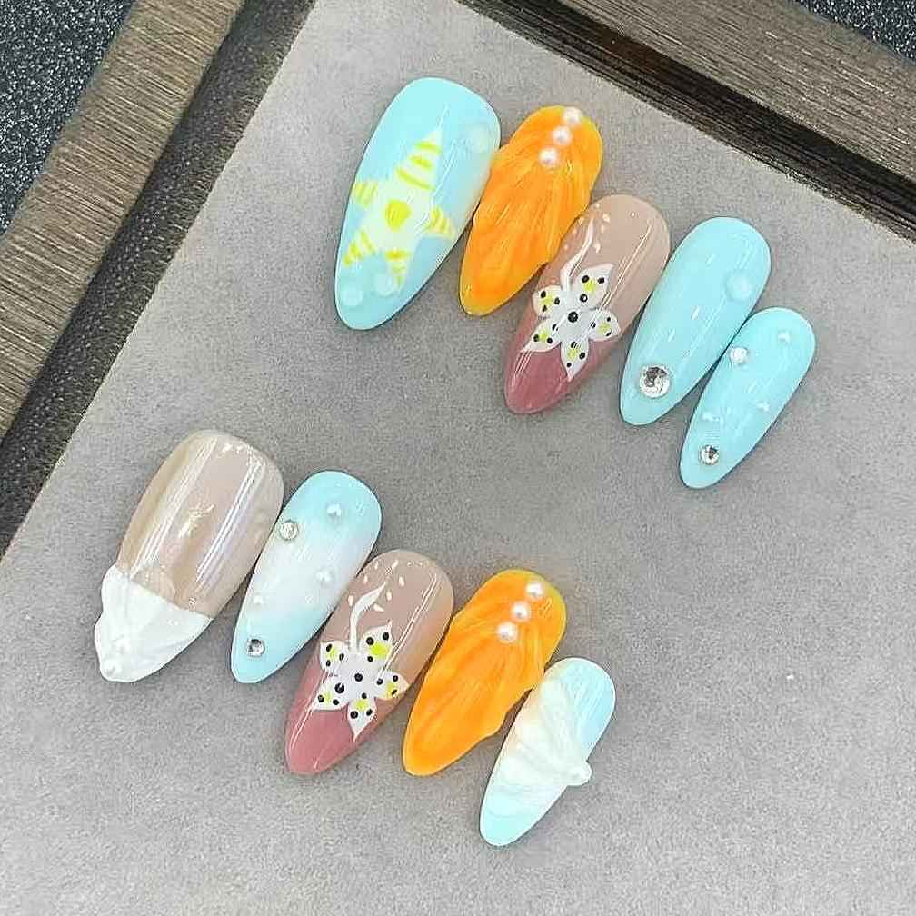 Handmade 3D Floral Almond Press On Nails - Short Seashell Glitter Gradient Design, Shiny False Nails with Glue for Women 1072