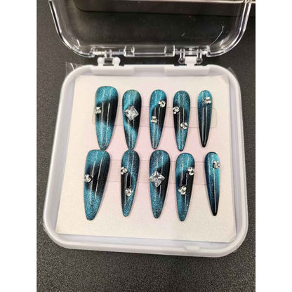 Cat Eye Handmade Drawing Press On Nails - Medium Stiletto False Nails | Removable Artificial Nails with Glue Kit #1051