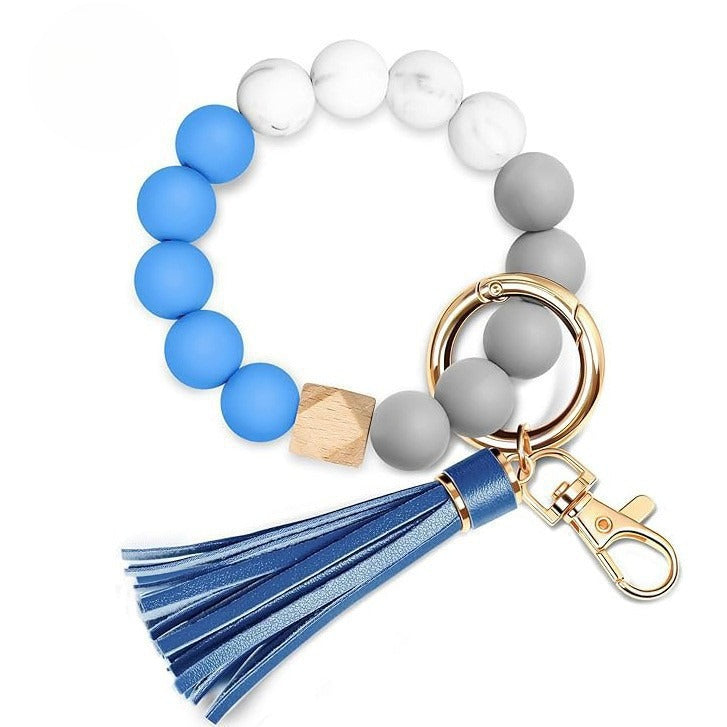 PU Tassel Keychain Bag charm Silicone Beaded Keychain Wristlet Key Ring Bracelet Cute Car Key Chain Holder for Women Girls