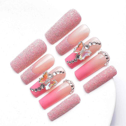 Handmade 3D Floral Press On Nails - Long Square Shape with Glitter Gradient Shiny Design, Artificial Acrylic Nails with Glue Butterfly