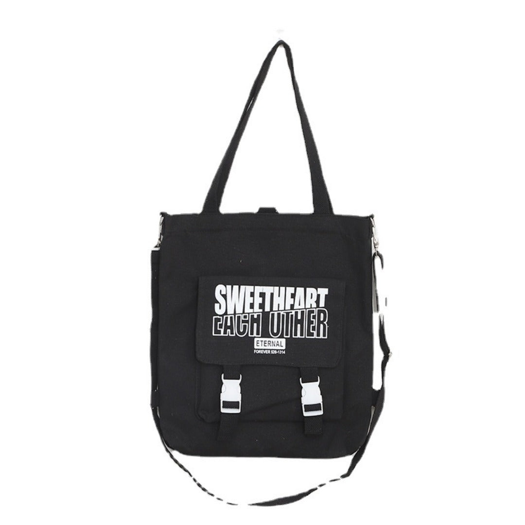 Letter Pattern Printed Canvas Bag - Student Shoulder Tote with Zipper, Shopping Canvas Bag -dropshippingabc.com