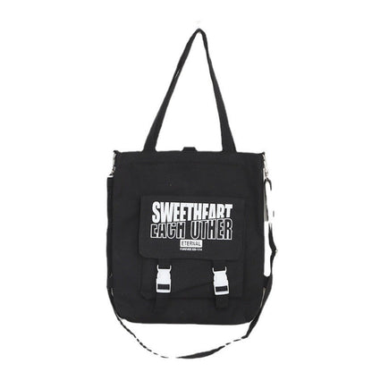 Letter Pattern Printed Canvas Bag - Student Shoulder Tote with Zipper, Shopping Canvas Bag -dropshippingabc.com