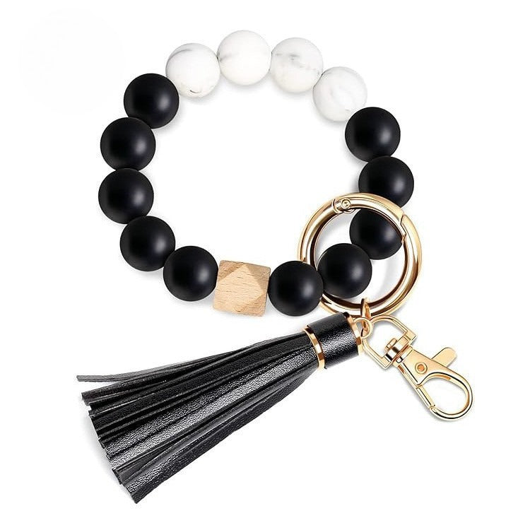 PU Tassel Keychain Bag charm Silicone Beaded Keychain Wristlet Key Ring Bracelet Cute Car Key Chain Holder for Women Girls -dropshippingabc.com