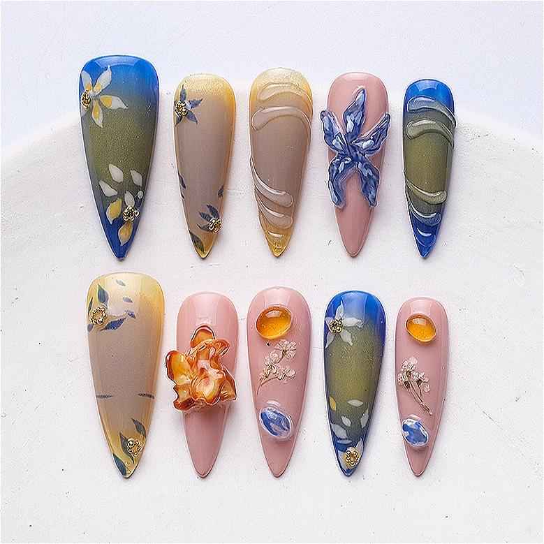 Glitter Gradient Press On Nails - 3D Floral Medium stiletto False Nails with Glue Summer Fake Nails for Women Girls Daily Wear DIY Manicure 1069