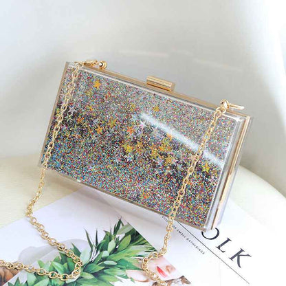 Womens Transparent Sequins Chain Clutch Evening Handbag Party Cross-body Purse