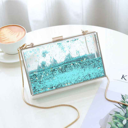 Womens Transparent Sequins Chain Clutch Evening Handbag Party Cross-body Purse