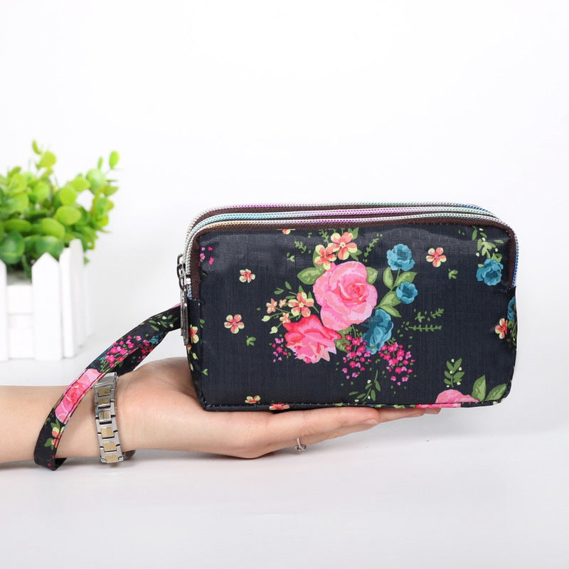 Floral Printed Fabric Wristlet Wallet for Women - Double Zipper Clutch with Wrist Strap